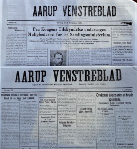 Op til 1918 blev der stadig brugt gotisk skrift i Middelfart Venstreblad og i aflæggerne Aarup Venstreblad (1917-32) og Assens Avis (1913-54). De to klip fra Aarup Venstreblad er fra henholdsvis april 1918, hvor der var kampe i Belgien under 1. verdenskrig, og fra dec. 1926, hvor der lige havde været folketingsvalg i Danmark. Efter det valg blev Madsen Mygdal (V) statsminister. H.W. 